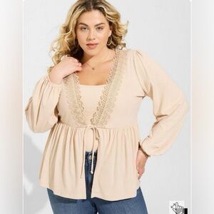 TORRID Super Soft Rib V-Neck Lace Trim Tie Front Long Sleeve Top Size 2X